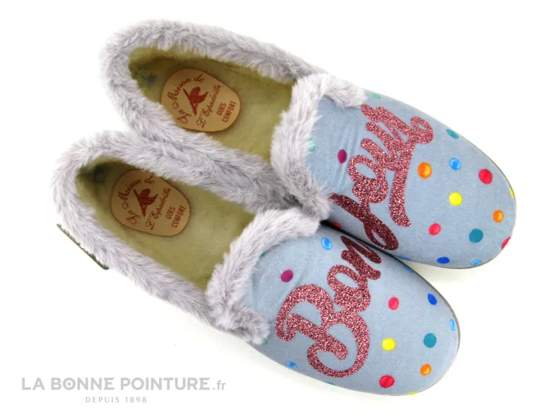 Achat chaussures La Maison de L'Espadrille Femme Pantoufle Chausson, vente Maison Espadrille 7658-4 Ciel - Pois multi - BON