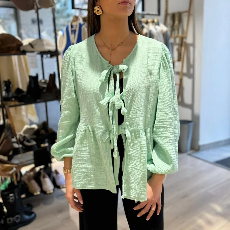 Blouse noeuds gaz de coton Verte