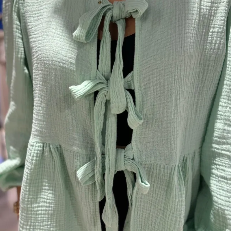 Blouse noeuds gaz de coton Verte