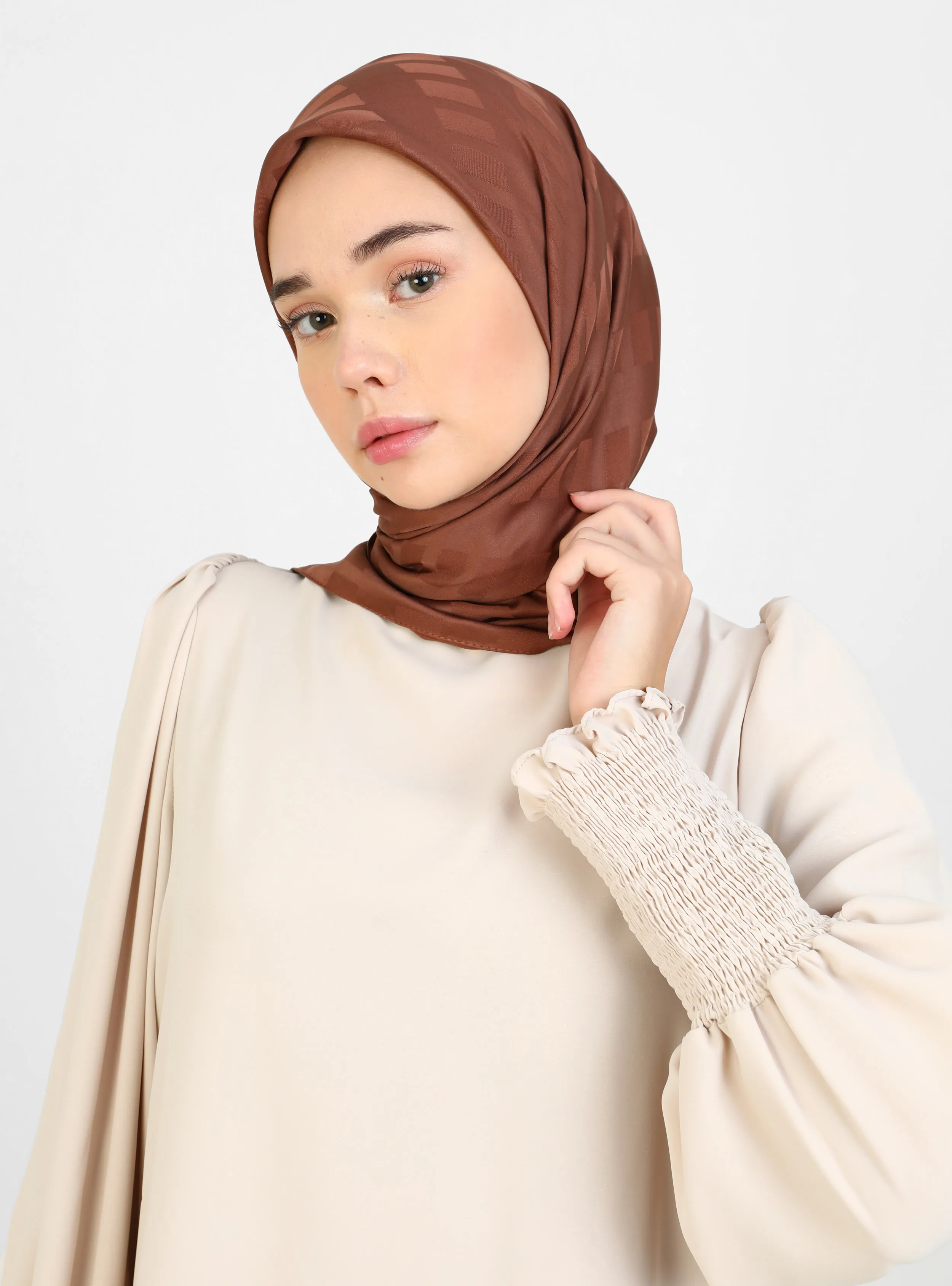 Brown - Plain - Jacquard - Scarf