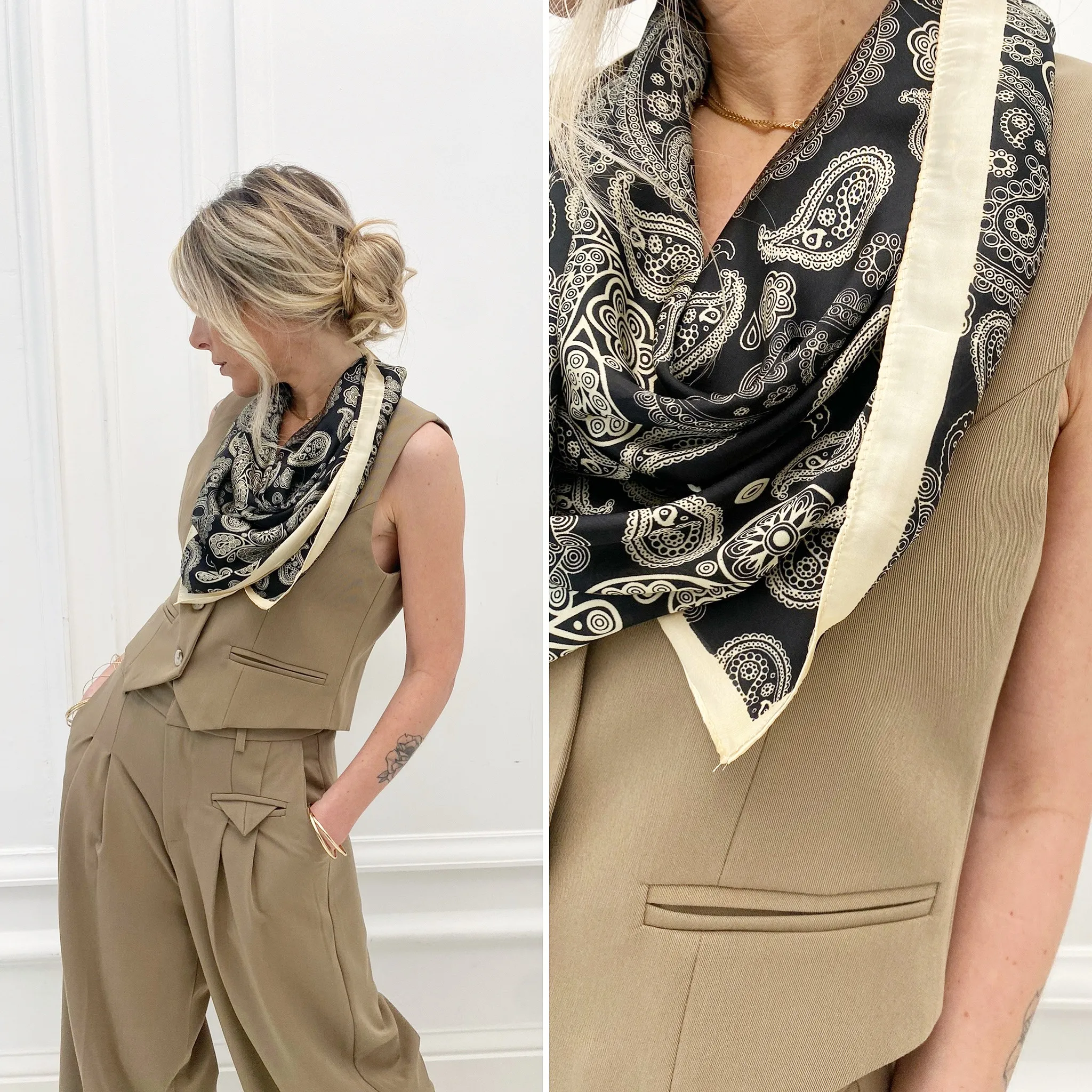 Foulard noir et beige motifs cachemire