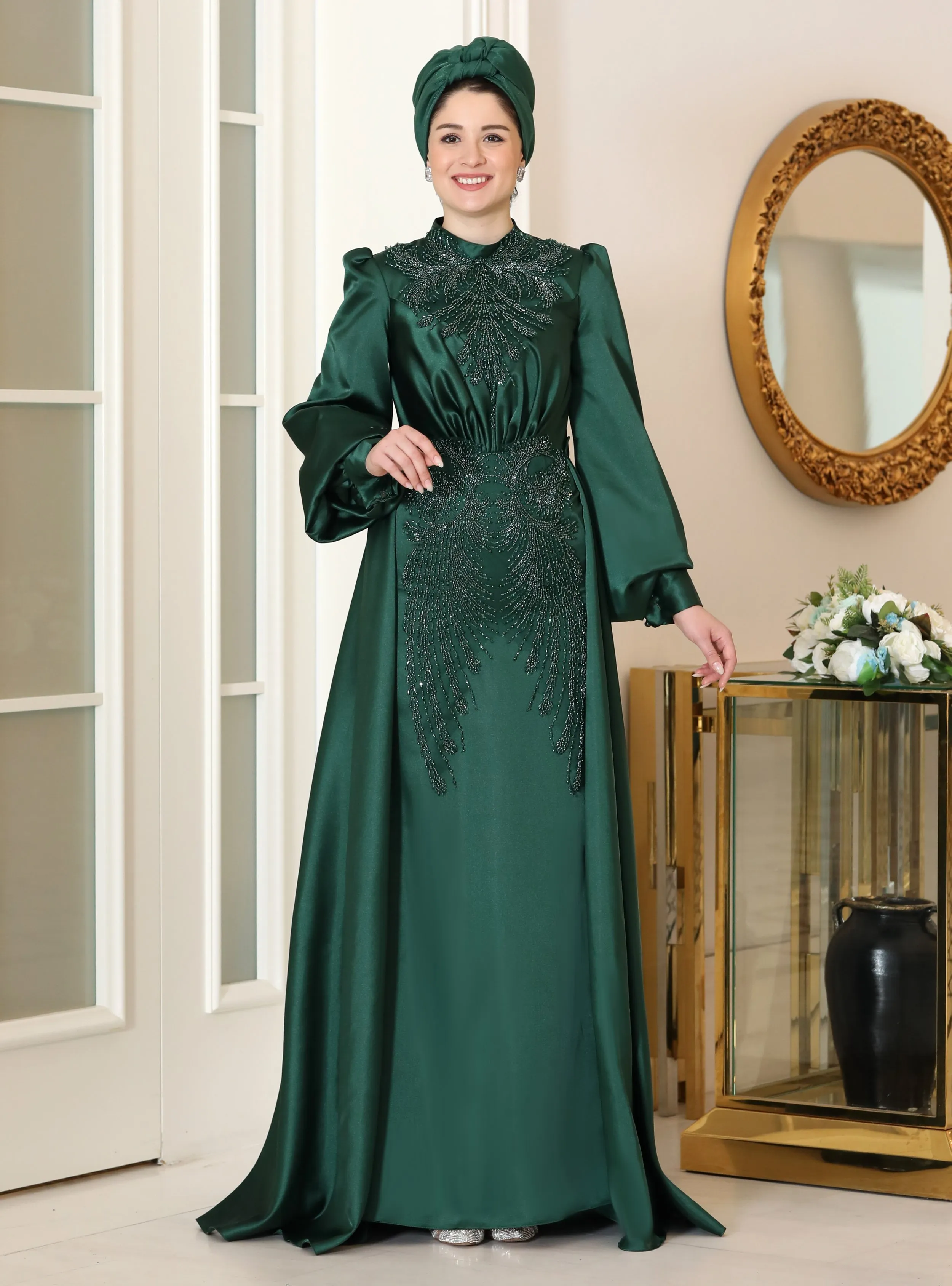 Green - Unlined - Crew neck - Modest Evening Dress