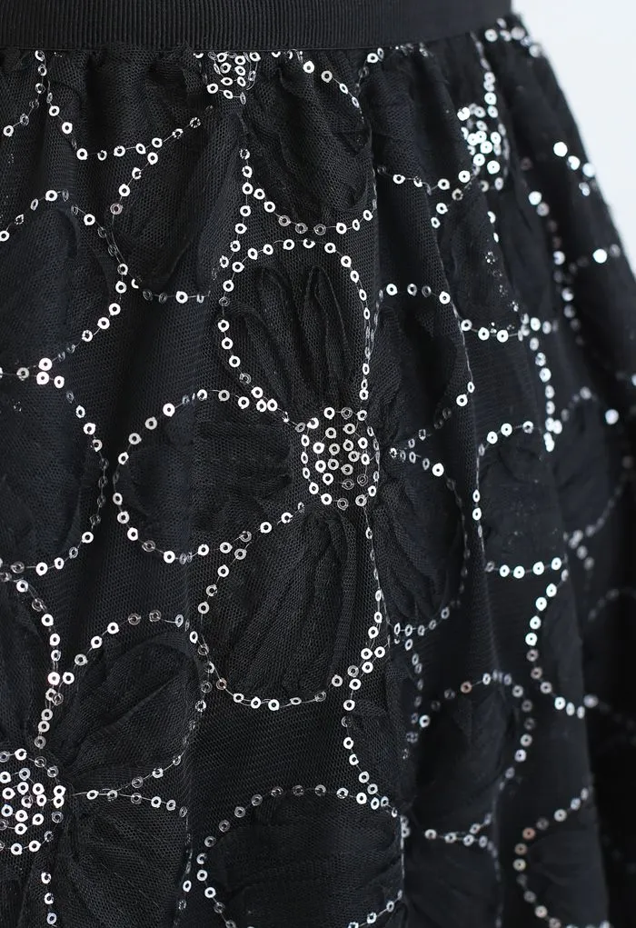 Jupe en maille double épaisseur à sequins floraux en noir